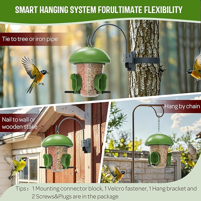 LONA Bird Feeders for Outdoors Hanging – 3 Separate Compartments, 3 Feeding Ports, Weatherproof Dome & 3 Ways to Hang, Large Capacity for Cardinals/Finches (Green