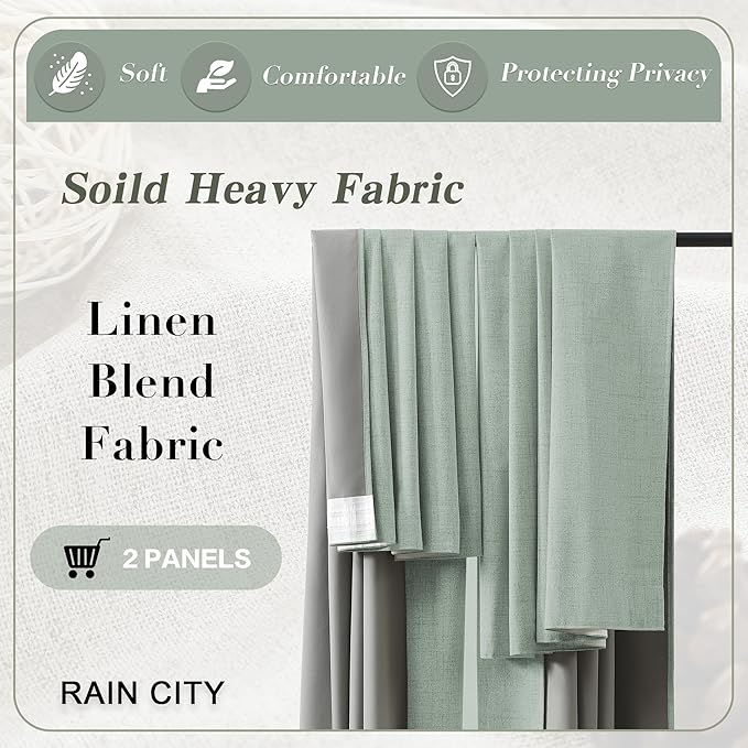 RAIN CITY Light Green Linen Blackout Curtains 63 Inch Long for Living Room,2 Panels Pinch Pleated Drape with Hooks Back Tab Boho Decor, Textured Full Black Out Curtains for Bedroom 50 x 63