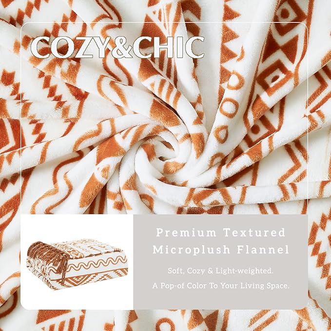 CASAAGUSTO Boho Throw Blanket - Terrcotta Decorative Blankets with Tassel, Printed Flannel Bohemian Blanket for Chair, Bed, Sofa, Couch(60 * 80, Terrcotta)