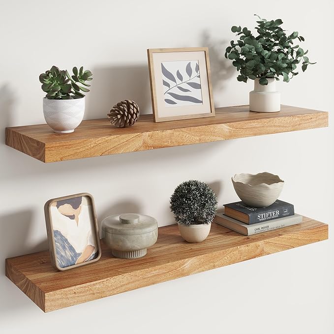 RICHFOCUS Elm Floating Shelves for Wall - 36" W x 9.3" D Rustic Solid Wood Shelves with Invisible Bracket, Wall-Mounted for Living Room, Bedroom, Kitchen Storage & Display, Set of 2, Natural