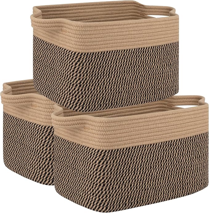 OIAHOMY 3 Pack Storage Basket for Organizing, 13''X9.85''X8.7'' Storage Bins,Woven Basket Basket with Handles, Toy Storage Basket Bin,Stylish Room Decor Basket, Yellow & Black