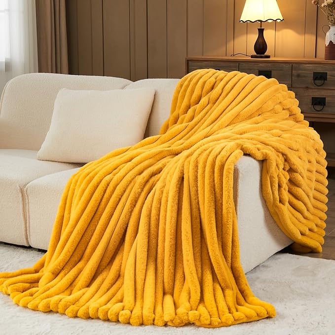 NEWCOSPLAY Faux Fur Twin Blanket Mustard Yellow 3D Ribbed Plush Thick Warm Blanket for Couch Sofa Bed 850GSM (Mustard Yellow Ribbed, Twin(60"x80"))