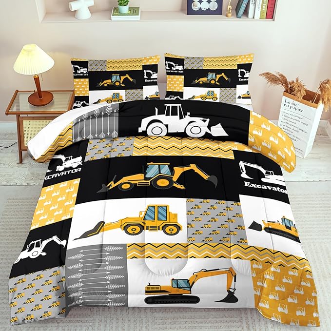 Construction Comforter Set Full Boys,Yellow Full Construction Bedding Set,Engineering Vehicles Comforter Yellow Bedroom Decor Kids,Truck Quilt Cartoon Truck Bedding for Teen