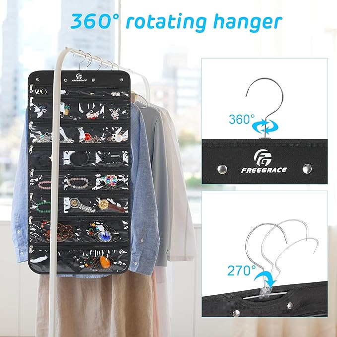 Freegrace Hanging Jewelry Organizer Revolving Hanger - Secure Zipper Closure - 50 Pockets - Foldable Storage & Display Solution - for All Jewelry & Bijoux (Black)