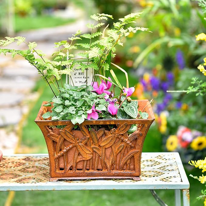 Sungmor Heavy Duty Cast Iron Planter Basket w/Non-Woven Growing Bag, Unique Shape & Beautiful Pattern Design, Hollow Orchid Flower Pot Garden Tools Holder, Full Rusted French Country Decor Container