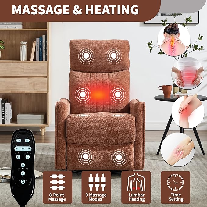 Manual Swivel Rocker Recliner Chair for Adults, Overstuffed Reclining Glider Chair for Nursing with Vibration Massage & Heat, Living Room Rocking Recliner 2-Stage backrest, Chenille Fabric Orange