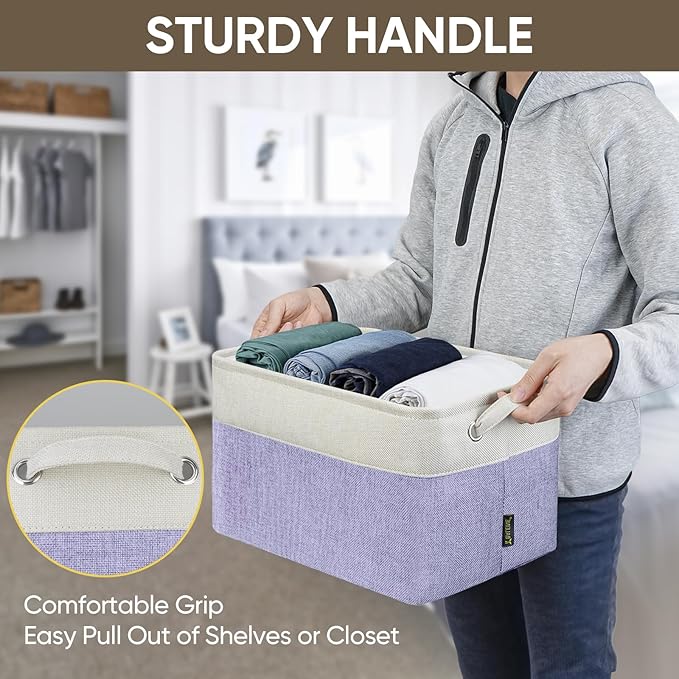 BALEINE 2 Pack Fabric Storage Bins for Shelves, Linen Storage Baskets for Organizing, Decorative Closet Bins for Clothes, Home (Lavender, 15''x11''x9.5'')