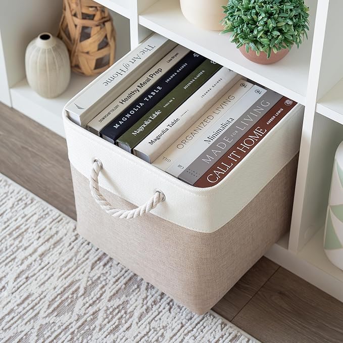 OrganiHaus 12x12 Cube Storage Bins 4 Pack, Foldable Cube Storage Organizer w/ Rope Handles, Collapsible Fabric Bins for Toys, Clothes & Closet Organization, Fabric Square Baskets - Beige/White