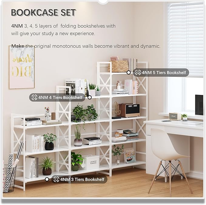 4NM 5 Tiers No Assembly Book Shelves, 51.2" H Folding Bookshelf Bookcase Open Industrial Foldable Shelves for Bedroom, Living Room, Home Office - All White