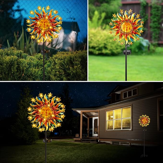 Solar Wind Spinners for Yard and Garden - 60.3 Inch 360° Metal Sun Wind Sculptures Outdoor Clearance Kinetic Windmills with Vine String Shining LED Lights for Patio, Lawn Xmas Garden Decoration