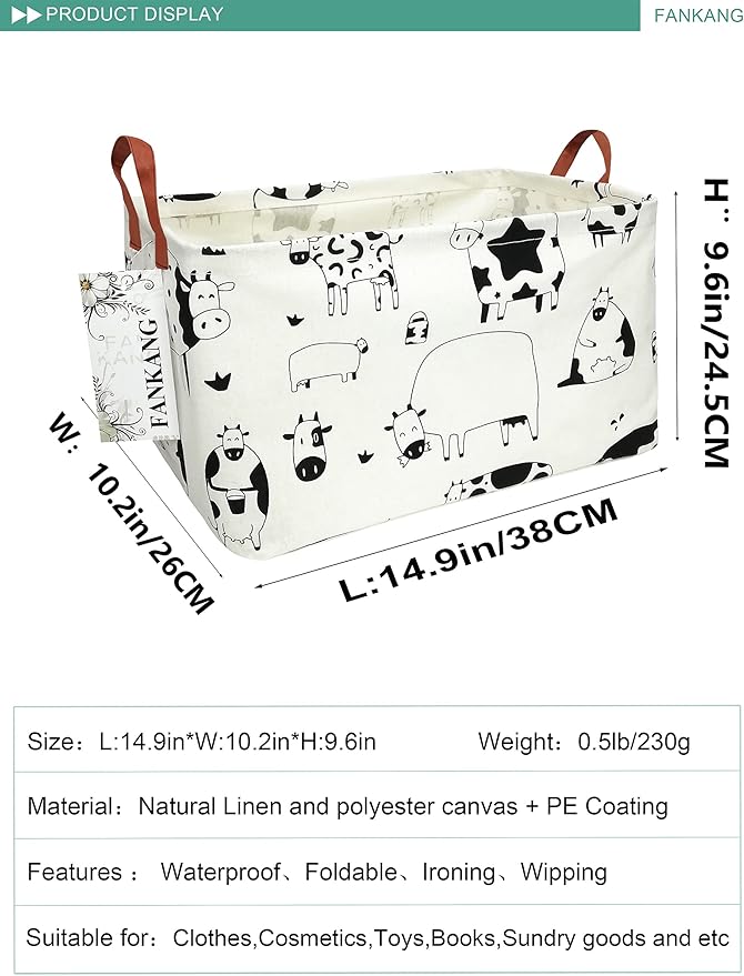 FANKANG Storage Basket,Nursery Hamper Canvas Laundry Basket Foldable with Waterproof PE Coating Storage, Office, Bedroom, Clothes,Toys(L, Rec-cows)