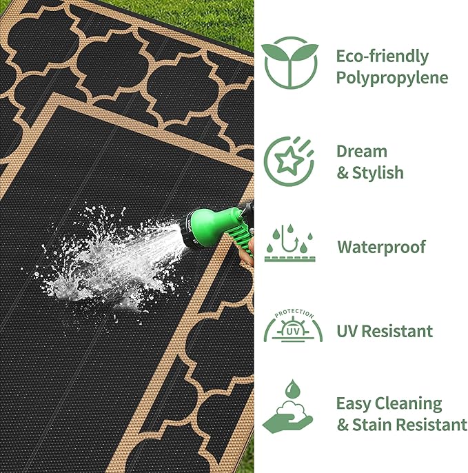 GENIMO Outdoor Rug 9' x 12' Patio Waterproof, Foldable Reversible Plastic Straw Area Rugs Mat for Camper Decor, Outside Carpet for Rv, Deck, Porch, Picnic, Beach, Balcony, Black & Brown