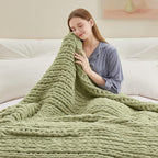 Chunky Knit Throw Blanket, 30''*40'' Knitted Throw Chenille Yarn for Bed Couch, Handmade Light Green Crochet Big Thick Blanket, Machine Washable Cute Comfy Blanket for Home Decor