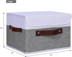 ANMINY 4PCS Storage Boxes with Lid Washable Decorative Storage Bins Basket with PU Leather Handle Foldable Linen Fabric Storage Cubes Containers for Home Closet Organizer - Gray White, Large Size