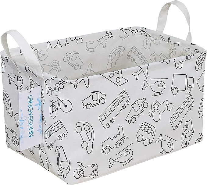 LANGYASHAN Rectangular Storage Bin Collapse Canvas Fabric Cartoon Storage Basket with Handles for Organizing Home Kitchen Boys and Girls Toys Office Closet Shelf Baskets (Rec Vehicle)