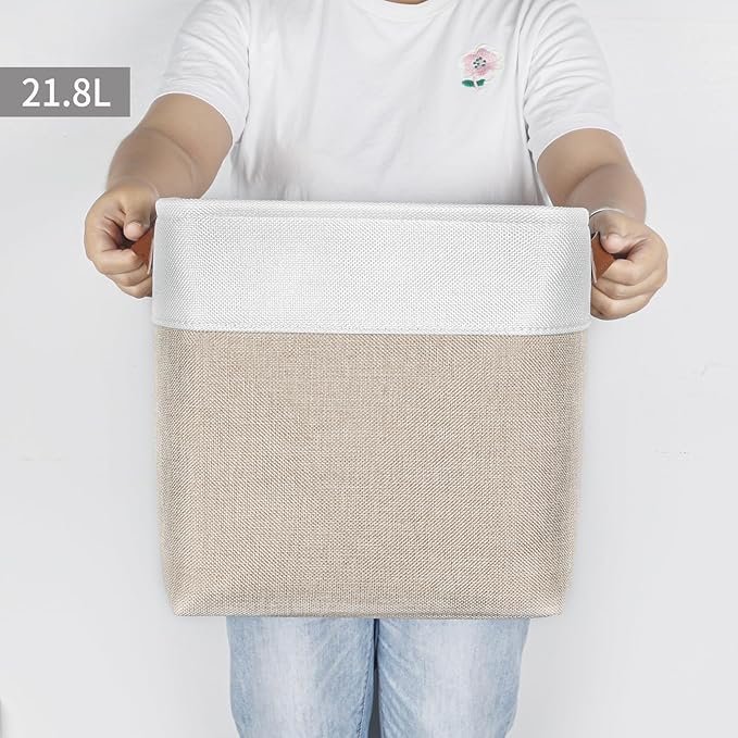 Collapsible Fabric Storage Cubes 11x11 Cube Storage Bins, 4 Pack Closet Baskets Box with Handles for Organizing, Shelf, Toys, Clothes, Home, Office, Nursery (Beige&White)