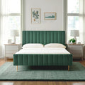 Livinia Queen Size Elton Velvet Platform Bed, Upholstered Bed Frame with Vertical Channel Tufted Headboard Footboard, Strong Wood Slats, No Box Spring Needed, Green (Queen)