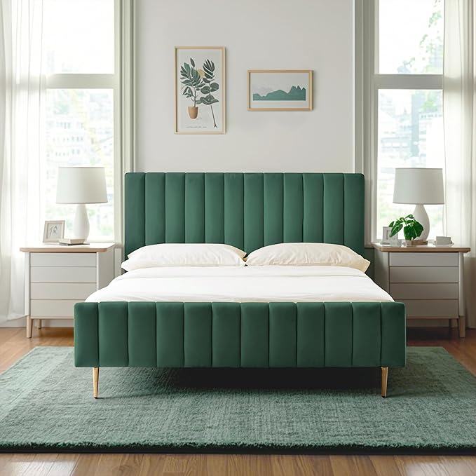 Livinia Queen Size Elton Velvet Platform Bed, Upholstered Bed Frame with Vertical Channel Tufted Headboard Footboard, Strong Wood Slats, No Box Spring Needed, Green (Queen)