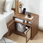 24" Large Side Table with Charging Station, Mid Century Modern End Table with USB/Type-C Ports, Curved Wood Nightstand with Storage & Natural Linen, Couch Side Table for Living Room Bedroom, Walnut