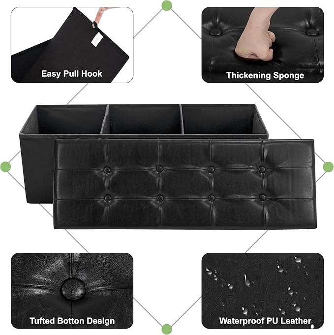 43 Inches Folding Storage Ottoman Bench, PU Leather Storage Chest, Footrest Padded Seat for Bedroom and Hallway, Holds up to 660 lbs, Black