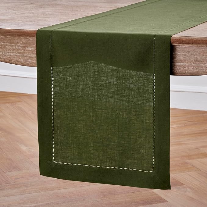 Solino Home Linen Olive Table Runner 72 Inches Long - 100% Pure Linen Hemstitch Table Runner 14 x 72 Inch for Dresser, Dining, Fall, Autumn, Thanksgiving - Classic Hemstitch