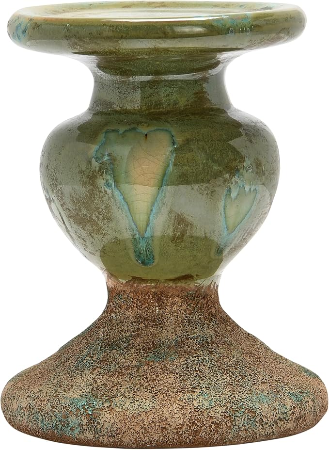 Creative Co-Op 2-Tone Sculptural Terracotta Pillar Candle Holder, Distressed Green