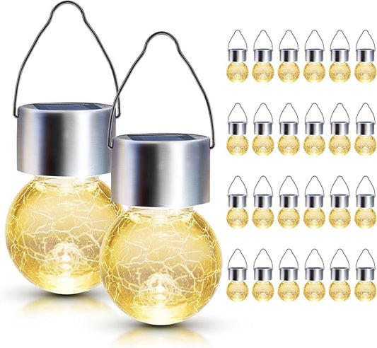 GIGALUMI 24 Pack Solar Outdoor Lights, Solar Hanging Lights for Christmas Decoration-Cracked Glass Solar Lights Outdoor Waterproof for Garden, Yard, Fence, Tree（Warm White）