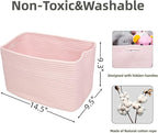 Cotton Rope storage Basket Bins Woven Basket for Organizing Shelves Rectangle Decorative Baskets For storage Clothes Toys Books Towels Square Wicker Nursery basket organizer 3 pack light pink