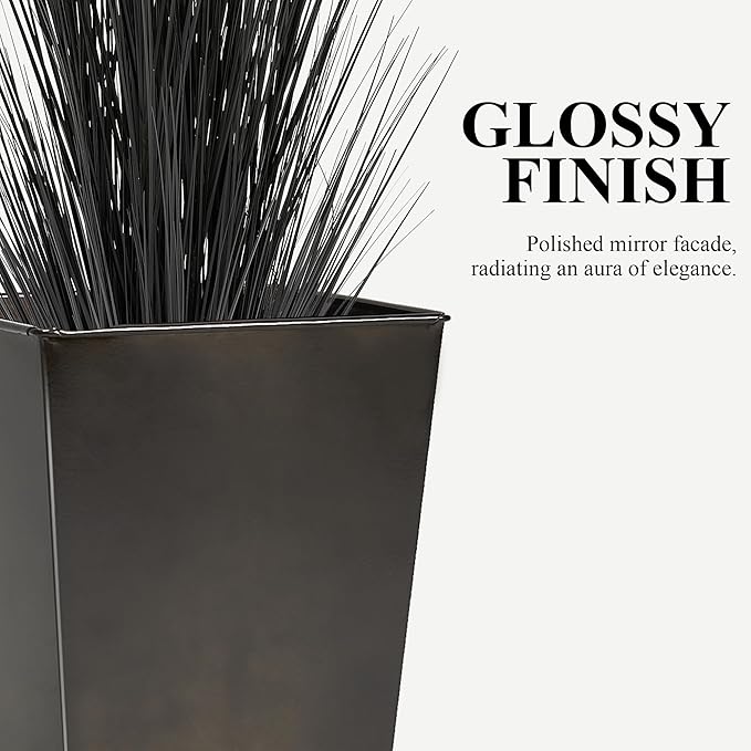 WORTH Garden Large Metal Glazed Planter Set of 2 (25" + 28"), Luxurious Glossy Finish Black Tall Square Tapered Steel Plant Pot, Decor Flower Pot Indoor & Outdoor, Drainage Hole & Dual-Purpose Saucer