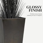 WORTH Garden 25" Large Metal Glazed Planter Set of 2, Luxurious Glossy Finish Black Tall Square Tapered Steel Plant Pots, Decor Flower Pot Indoor & Outdoor, Drainage Hole & Dual-Purpose Plant Saucer