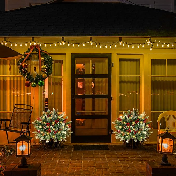 2 Pack Lighted Artificial Christmas Urn Filler, Battery Operated Pre-lit Xmas Pine Trees, Tripod Stake and 60 LED Lights, Holiday Porch Decorations for Porch, Yard, Garden, Flower Beds（Warm White）