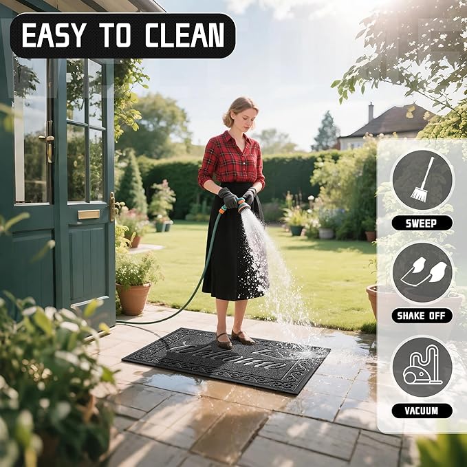 Yimobra Welcome Mat, Heavy Duty Sturdy Door Mats for Home Entrance Outdoor Indoor, Front Doormat for Outside Patio Floor Entry Porch Garage Office, Waterproof, Low Profile, 47X32 Inches, Black Grey