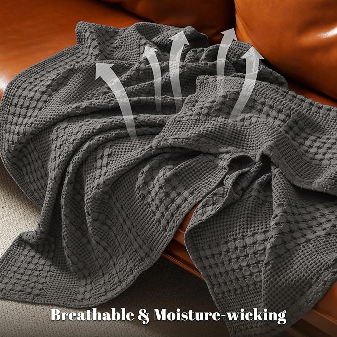 PHF 100% Cotton Waffle Weave Blanket Queen Size, Soft Lightweight Breathable Cozy Summer Blankets for Bed, Luxury Aesthetic Woven Bedding for Home Decor, 90"x90", Charcoal Grey