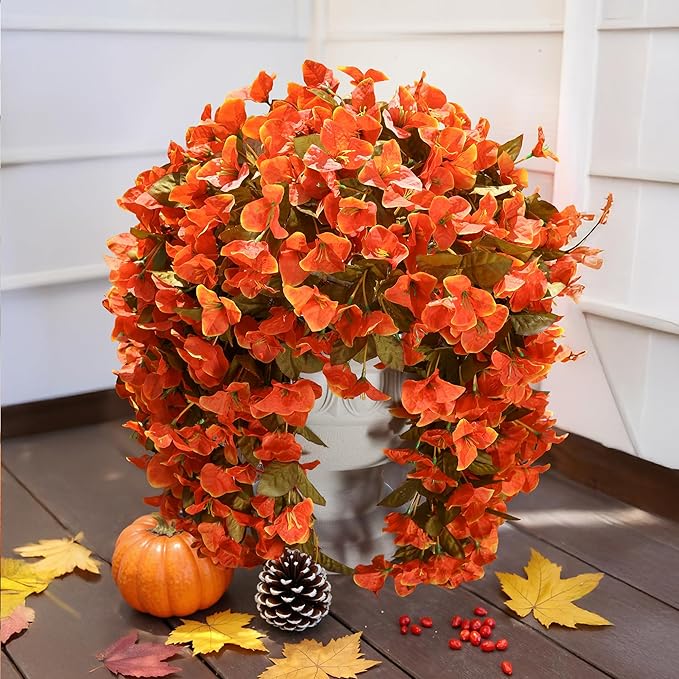 Bougainvillea Artificial Flowers Plants for Outdoors Outside Fall Autumn Decor, 2 pcs Faux Silk Long Trailing Vines UV Resistant Look Real Orange Fake Flowers for Front Door Porch Planter Urn Patio