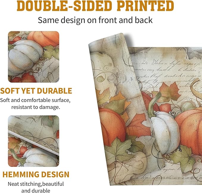 Fall Pumpkin Maple Leaf Placemats Set of 4, 12x18 Inch Vintage Autumn Harvest Rustic Leaves Table Mats Seasonal Fall Thanksgiving Washable Linen Fabric Place Mats for Party Kitchen Dining Decor