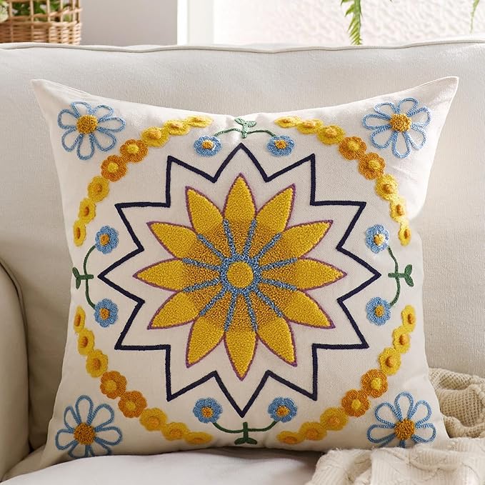 Embroidered Throw Pillow Cover 18x18 Classic Boho Floral Pattern Pillows Cover Outdoor Decorative Pillowcase,Durable Cozy Textured Cushion Case for Sofa Couch Bed Living Room,Yellow