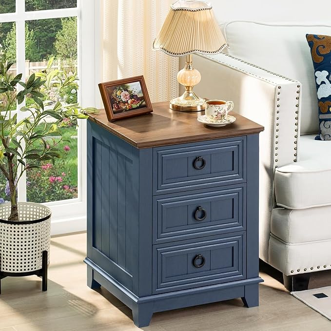 18" Farmhouse Night Stands Set of 2 with Charging Station, 2 & 3 Drawers End Table Dresser for Bedroom, Blue Wooden Nightstand, Bed Side Table with Open Shelf, Bedside Cabinet for Living Room