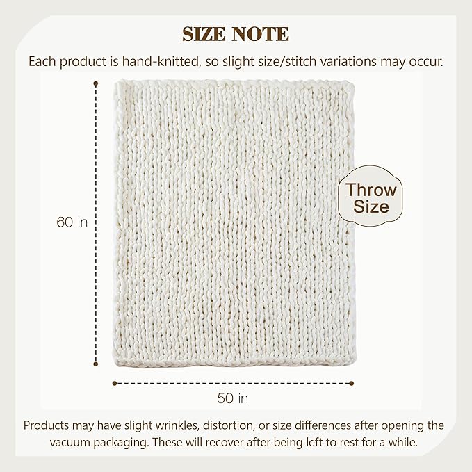 Carriediosa Chunky Knit Throw Blanket 50" X 60", 100% Hand Made Large Chenille Loop Yarn Soft Fluffy Throws for Couch Sofa Bed, Big Crochet Cozy Heavy Thick Cable Woven Blankets, Cream White