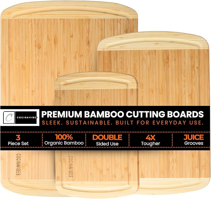 Bamboo Cutting Board Set – Charcuterie & Chopping Boards for Kitchen, Large & Small Sizes, Safe Cutting Boards for Meat, Cheese, Pizza – Home & Kitchen Gift Idea