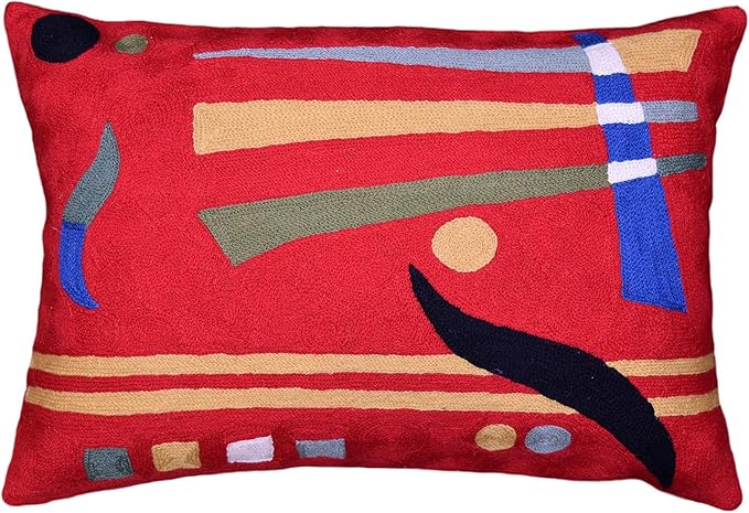 Lumbar Kandinsky Red Abstract Pillow Cover Modern Throw Pillowcase Chair Cushion Contemporary Farmhouse Pillowsham Couch Handembroidered Wool Size 14x20