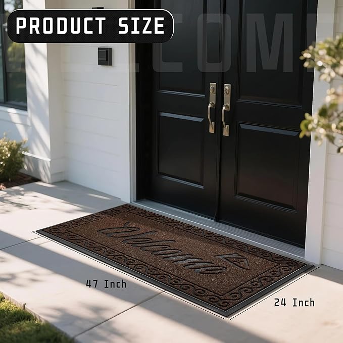 Yimobra Welcome Mat, Heavy Duty Sturdy Door Mats for Home Entrance Outdoor Indoor, Front Doormat for Outside Patio Floor Entry Porch Garage Office, Waterproof, Low Profile, 47 x 24, Coffee