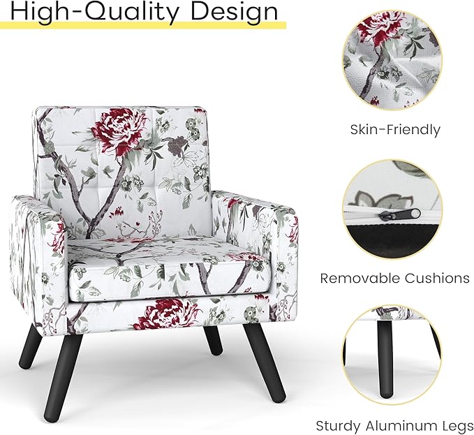 Kromax Mid-Century Modern Accent Chair for Living Room, 496 Lb. Weight Capacity, Dual Armrests, Comfy Extra Large Seat, Timeless Style Perfect for Reading & Relaxing, Red Floral