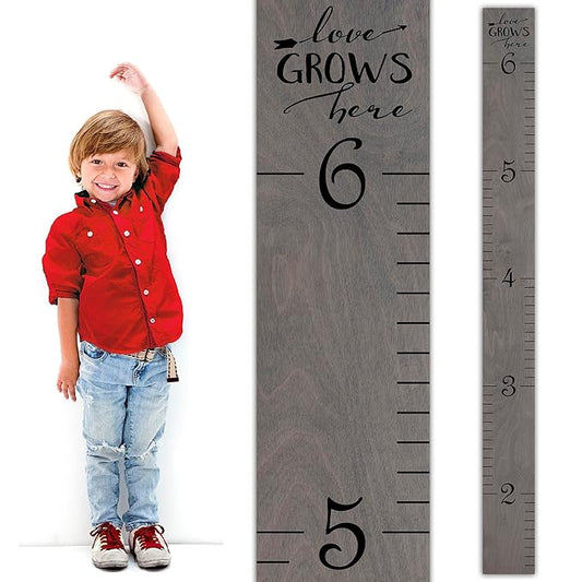 Wooden Growth Chart for Wall - Height Growth Chart for Kids, Kid Height Wall Chart, Height Measurement for Wall, Height Chart for Kids - Love Grows Here, Skinny Grey (63""x5.75"")