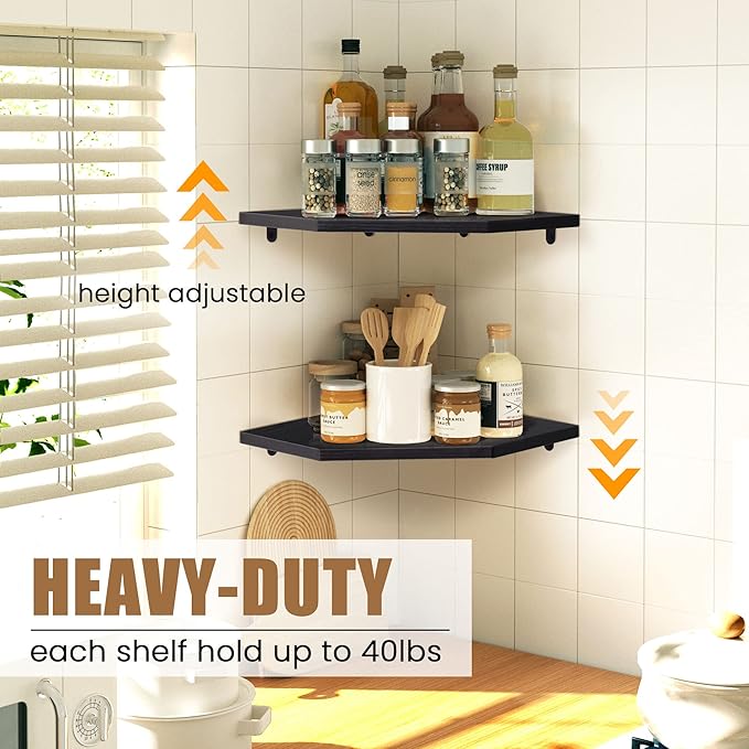 Corner Shelf Wall Mount, Floating Corner Shelves, Set of 4 Corner Wall Shelf Organizer, Rustic Wood Wall Storage Display Shelves for Living Room Bedroom Bathroom Kitchen, Classic Black