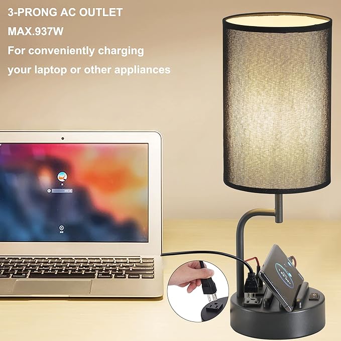 Dreamholder Table Lamp with 3 USB Charging Ports, Modern Desk Lamp with AC Outlet and Phone Stands, Perfect Bedside Lamp for Bedroom, Living Room, Office (Pack of 2), Black