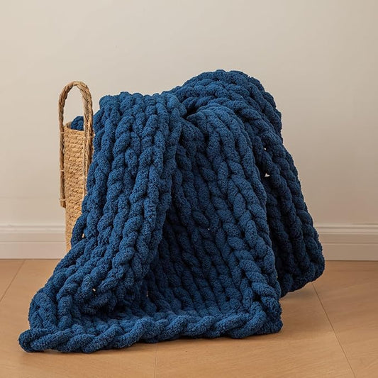 WESHIONGOO Chunky Knit Blanket Throw 40"*40" Knitted Throw Blankets for Couch Bed Fluffy Soft Blanket with Jumbo Chenille Yarn Thick 100% Handmade(Navy Blue)