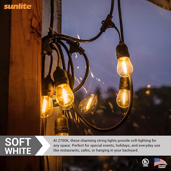 Sunlite 80571 24ft Outdoor String Lights, 1.5W Commercial Grade, Waterproof, Linkable Strands, UL Listed, 7 Hanging Sockets, Shatterproof LED Edison Bulbs Included, 2700K Warm White