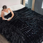 Cozy Bliss Faux Fur Throw Blanket for Couch, Fuzzy Soft Plush Thick Bubble Blanket for Sofa Bedroom Living Room, 108 * 90 Inches Black