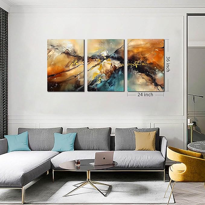 Abstract Living Room Pictures Wall Decor - Modern Bedroom Wall Decor Above Bed - Large 3 Piece Canvas Wall Art for Office Size 24" x 36"