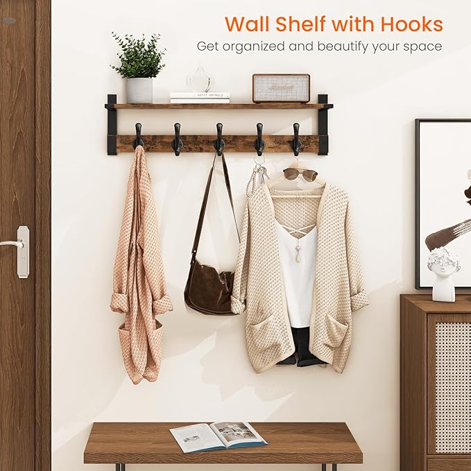 Homode Coat Rack Wall Mount, 29 Inch Long Shelf with Hooks, Wood Entryway Shelf with 5 Hangers for Hanging Hat Jacket Backpack Purse, Rustic Brown Black